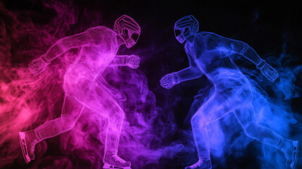Obraz premium A dynamic image of an ice hockey player in vibrant neon lighting, surrounded by swirling pink and blue smoke. The dramatic composition highlights the athlete's motion and the intensity of the sport.