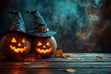 Naklejka premium Halloween pumpkins with glowing faces and witch hats on a wooden table, dark background, and copy space for text. Ultra-realistic photo quality.