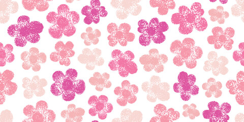 Flower pattern. Floral seamless pink vector background. Crayon spring simple print pattern. Chalk flower, abstract cute pastel summer design. Wax pencil modern child background. Floral pink crayon bg