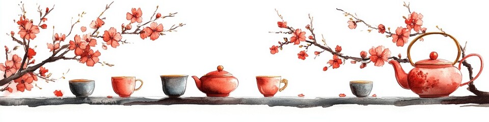 Watercolor illustration featuring a festive tea pot, cups, and sakura branches decorated in red and gold, emphasizing a minimalist composition.