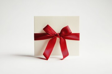 Elegant Christmas card wrapped with a red ribbon bow on a white background