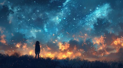 Fototapeta premium Silhouette of a woman gazing at a starry night sky with fiery clouds.