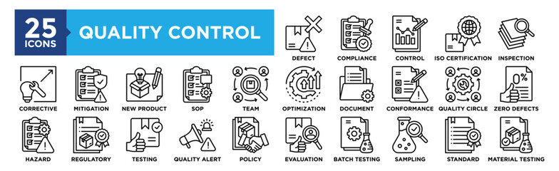 Quality Control icon collection set. Containing design Defect Detection, Compliance Check, Control Chart, ISO Certification, Material Inspection