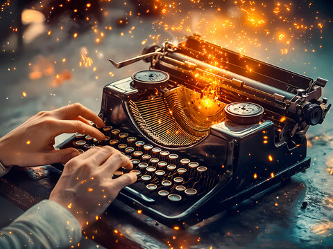 AI-Generated image of A person is typing on a vintage typewriter with a bright orange flame on the paper. Concept of nostalgia and creativity, as the person is using an old-fashioned typewriter to typ