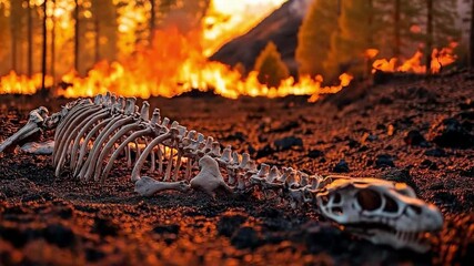 Remains of dinosaur surrounded by fiery landscape of destruction. Concept of mass extinction and the fall of prehistoric life.
