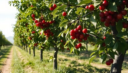 Organic plantation filled with cherry trees loaded with ripe cherries