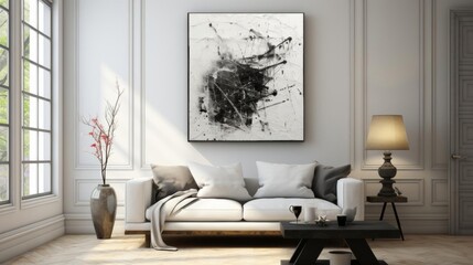 A white couch sits in front of a black and white painting