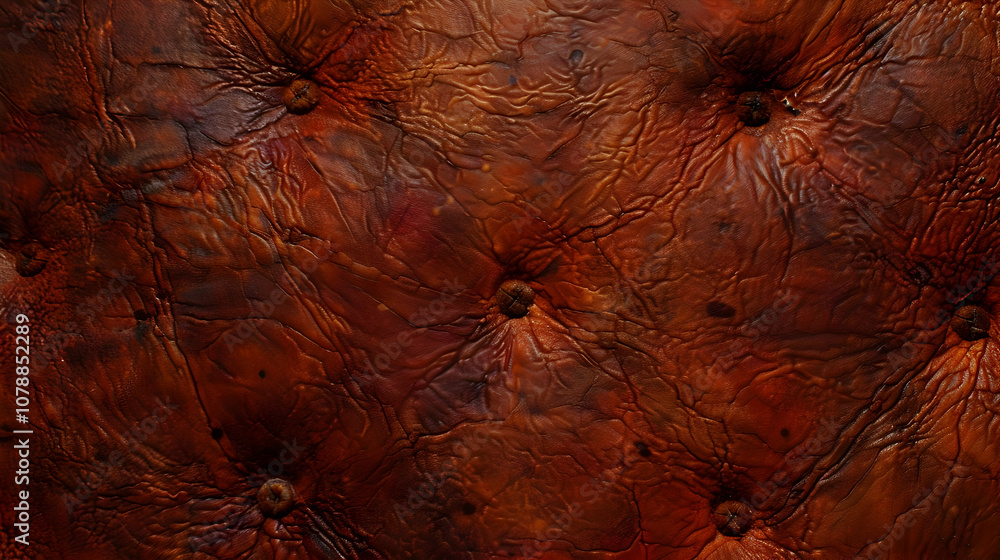 Poster close-up texture of worn brown leather with buttoned studs, showing wrinkles and deep lines