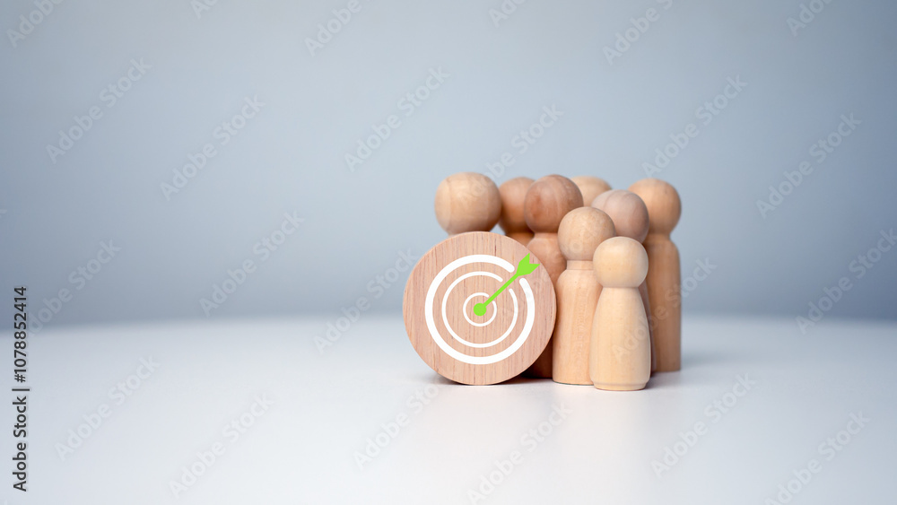 Poster wooden dolls standing around dart board for creating and targeting business objectives. target conce