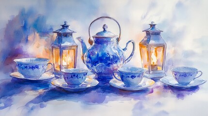 Watercolor depiction of a tea set with glowing lanterns and subtle evening shadows, adding warmth to the scene.