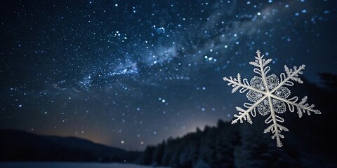 Fototapeta premium A delicate snowflake floats gently upwards in the air amidst a dark and mysterious night sky with stars, glowing specks, cosmic scene, celestial body