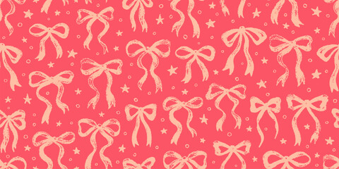 Bow pattern. Seamless ribbon, cute Christmas. Pink vector print. Crayon bow for gift present seamless illustration. Vintage background for Valentine, Christmas. Repeat pastel pattern. Holiday ribbon