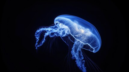 Beautiful glowing jellyfish in deep sea closeup view. Abstract background.