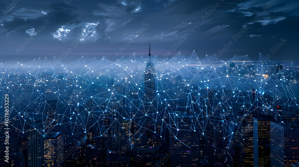 Poster nighttime cityscape with a digital network of lines and nodes overlapping city buildings illuminated