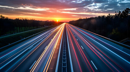 Obraz premium A Long, Straight Highway Cutting Through a Forest at Sunset, With Cars Speeding Past in a Blur of Light