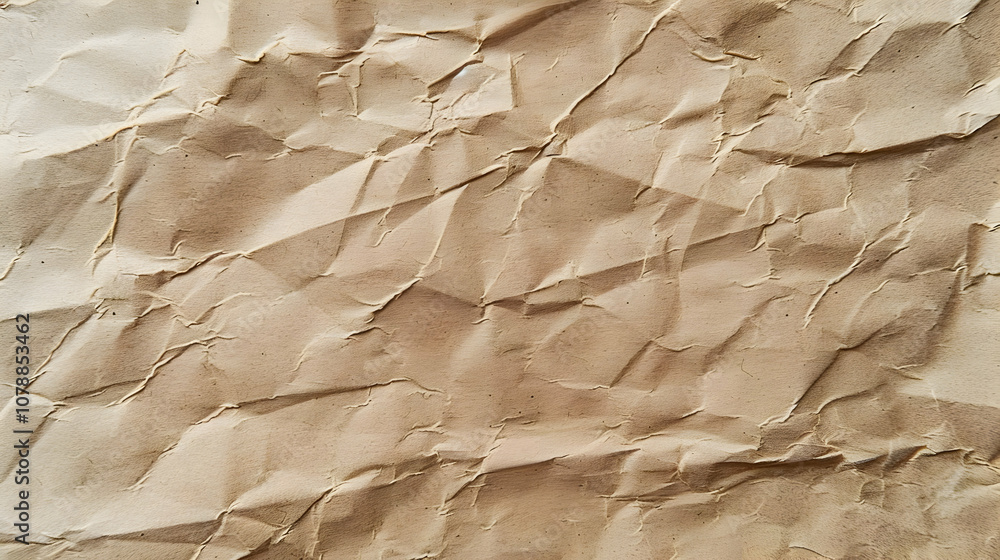 Poster a close-up view of a crumpled brown paper texture with detailed wrinkles and creases, capturing the 