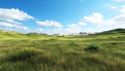 Obraz premium 3D illustration of the rolling grasslands, with hills covered in short green grass and sparse shrubs, and scattered sand dunes visible on the horizon