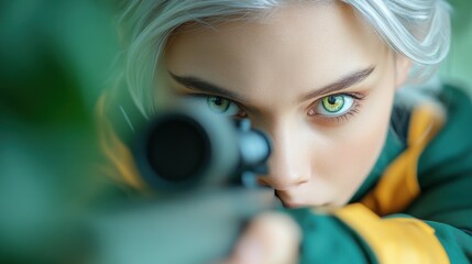 A woman with green eyes is holding a gun and looking at the camera
