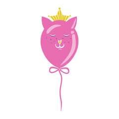 Vector image of an inflatable balloon in the shape of a cat. Balloon - bright, childish cat head. Pink cat in a crown. Isolated on a white background.