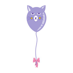 Vector image of an inflatable balloon in the shape of a cat. The balloon is a bright, childish cat's head. Purple cat, with a bow. Isolated on a white background.