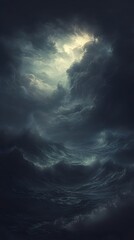The dark, swirling sea of the night with large waves, in the style of an oil painting