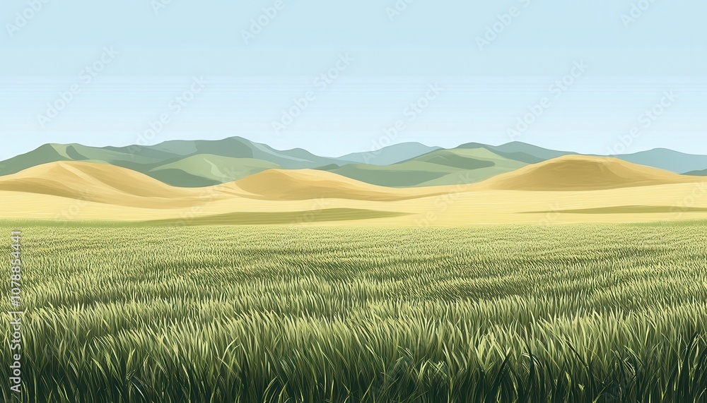 Poster a digital rendering of an endless grassland with rolling hills and some small sand dunes in the back