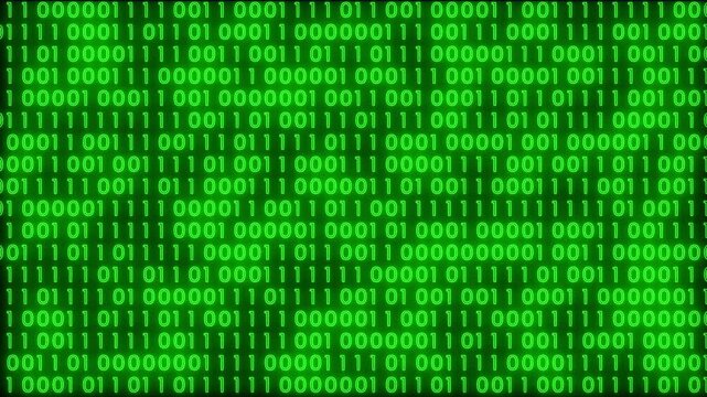 neon fast changing binary code - glitch effect. 4K video animation.