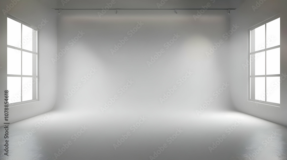 Poster 3d render of a simple white room with two windows and spotlights on the ceiling