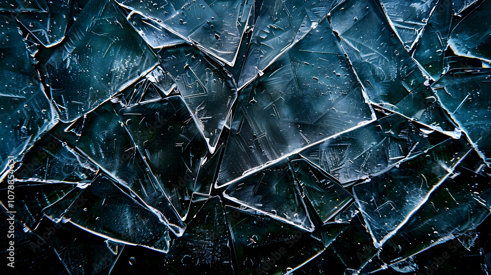 Poster abstract close-up of cracked ice with a deep blue hue and intricate lines, creating an artistic and 