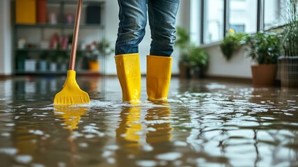A man in rubber boots washes a flooded floor, paying special attention to cleaning and repairing water damage. Flood response, maintenance and disaster recovery concept
