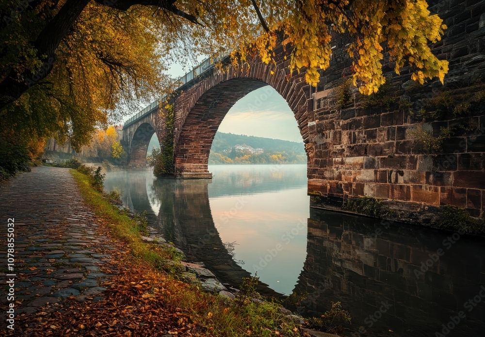 Poster a bridge over a river with a reflection of the bridge in the water. the bridge is surrounded by tree