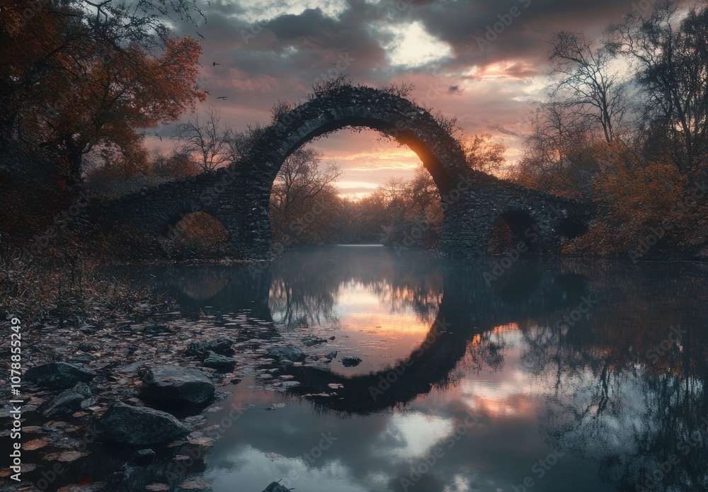 Poster a bridge over a river with a sunset in the background. the bridge is made of stone and has a large a