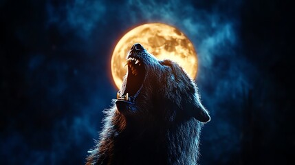 Obraz premium A majestic wolf howls under a full moon, creating an eerie and captivating scene.