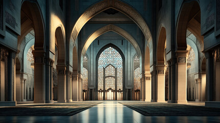 Fototapeta premium Luxurious and spacious interior of a grand mosque with intricate geometric patterns, tall arches, and soft ambient lighting creating a serene and majestic atmosphere.
