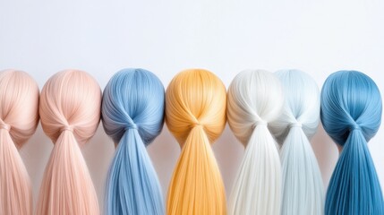 A row of hair extensions with different colors and textures