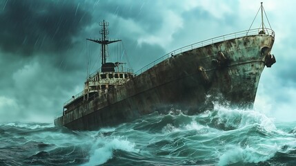 Fototapeta premium Dramatic Seascape of Ship Navigating Stormy Waters in the Ocean, Copy Space Banner