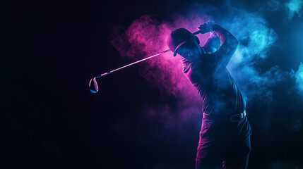 A dramatic neon-lit illustration of a golfer mid-swing, surrounded by vibrant pink and blue smoke effects against a dark background. The glowing atmosphere highlights the elegance and precision of the