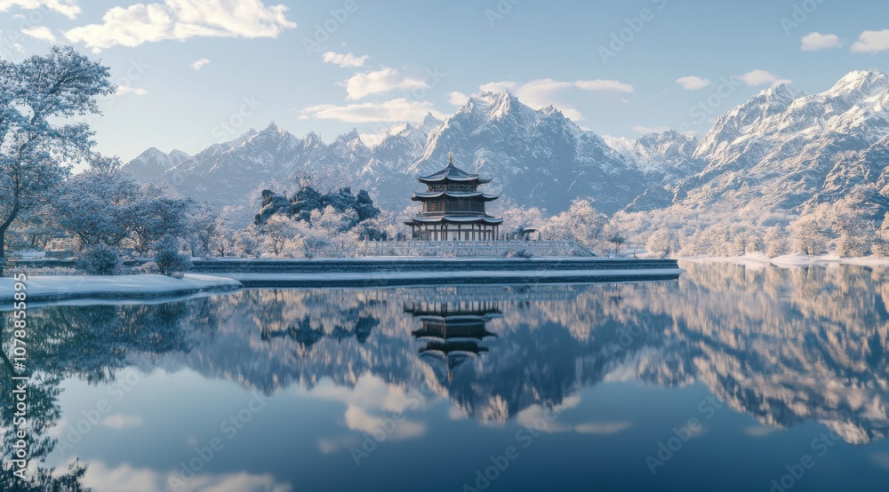 Poster a beautiful snowy landscape with a large building in the background. the water is calm and the refle