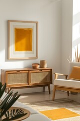 Wooden frame displaying minimalistic modern movie poster contemporary room generated illustration