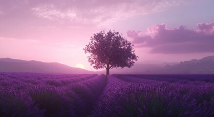 A tree stands in a field of purple flowers. The sky is pink and the sun is setting