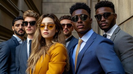 Fototapeta premium A group of men and a woman are posing for a photo wearing suits and sunglasses
