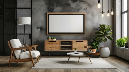Wooden framed minimalist movie poster contemporary room setup generated illustration