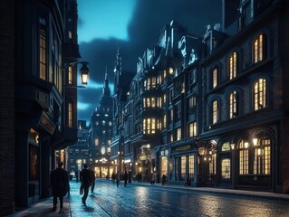 Fototapeta premium A city street at night with a few people walking around. The street is lit up with lights and the buildings are tall