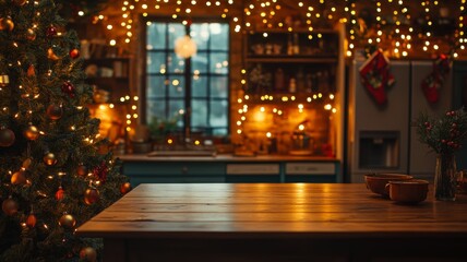 Festive kitchen backdrop with empty wooden table in foreground