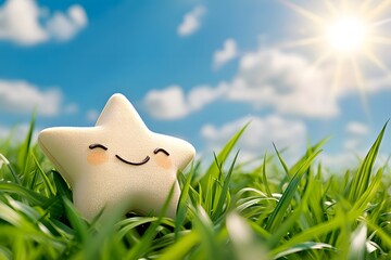 A cute star smiling in the grassy field, in the style of a cartoon, in the style of a game art design, with a blue sky and white clouds background
