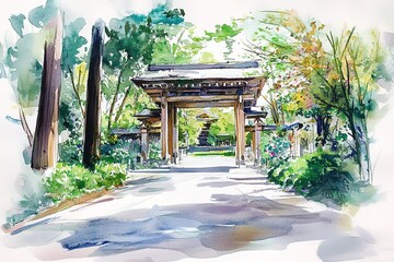 Traditional chinese garden with pagoda pavilions - hand drawing
