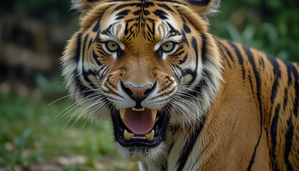 Obraz premium Close up a angry tiger head blurry green nature background. Generative Ai