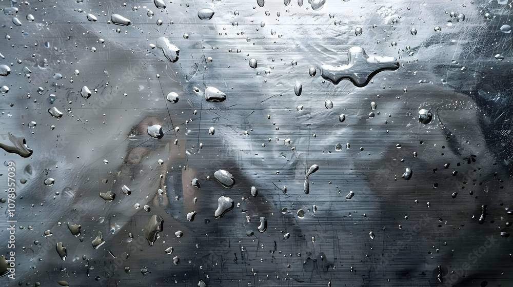 Poster water droplets reflecting light on a scratched metal surface, creating a abstract background texture