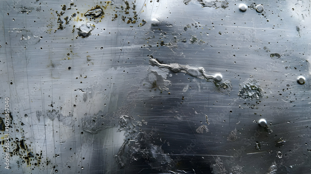 Poster a close-up view of a weathered metal surface with scratches, dents, and patches of rust, showing sig