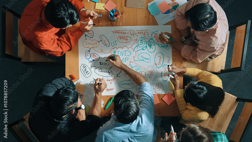 Poster top down view of business team working together by using mind map brainstorming idea and sharing mar